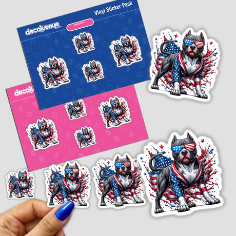 American Flag Splash Pitbull Dog depicted as a vibrant sticker or digital artwork, showcasing a dynamic pitbull design, perfectly embodying Decal Venue's unique vinyl sticker and digital art offerings.