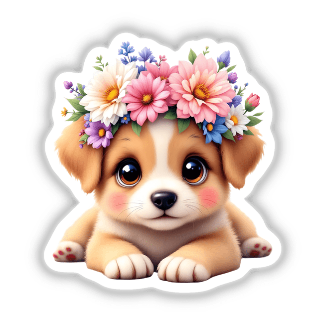 Playful Puppy with a Springtime Flower Crown, featuring a cartoon puppy adorned with a vibrant floral crown, designed as a charming sticker or digital art, perfect for whimsical decoration.