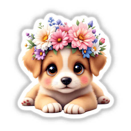 Playful Puppy with a Springtime Flower Crown, featuring a cartoon puppy adorned with a vibrant floral crown, designed as a charming sticker or digital art, perfect for whimsical decoration.
