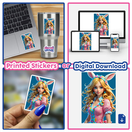 A collage featuring A Cute Easter Bunny Girl cartoon on a laptop and phone, highlighting its availability as stickers or digital artwork from Decal Venue's unique collection.