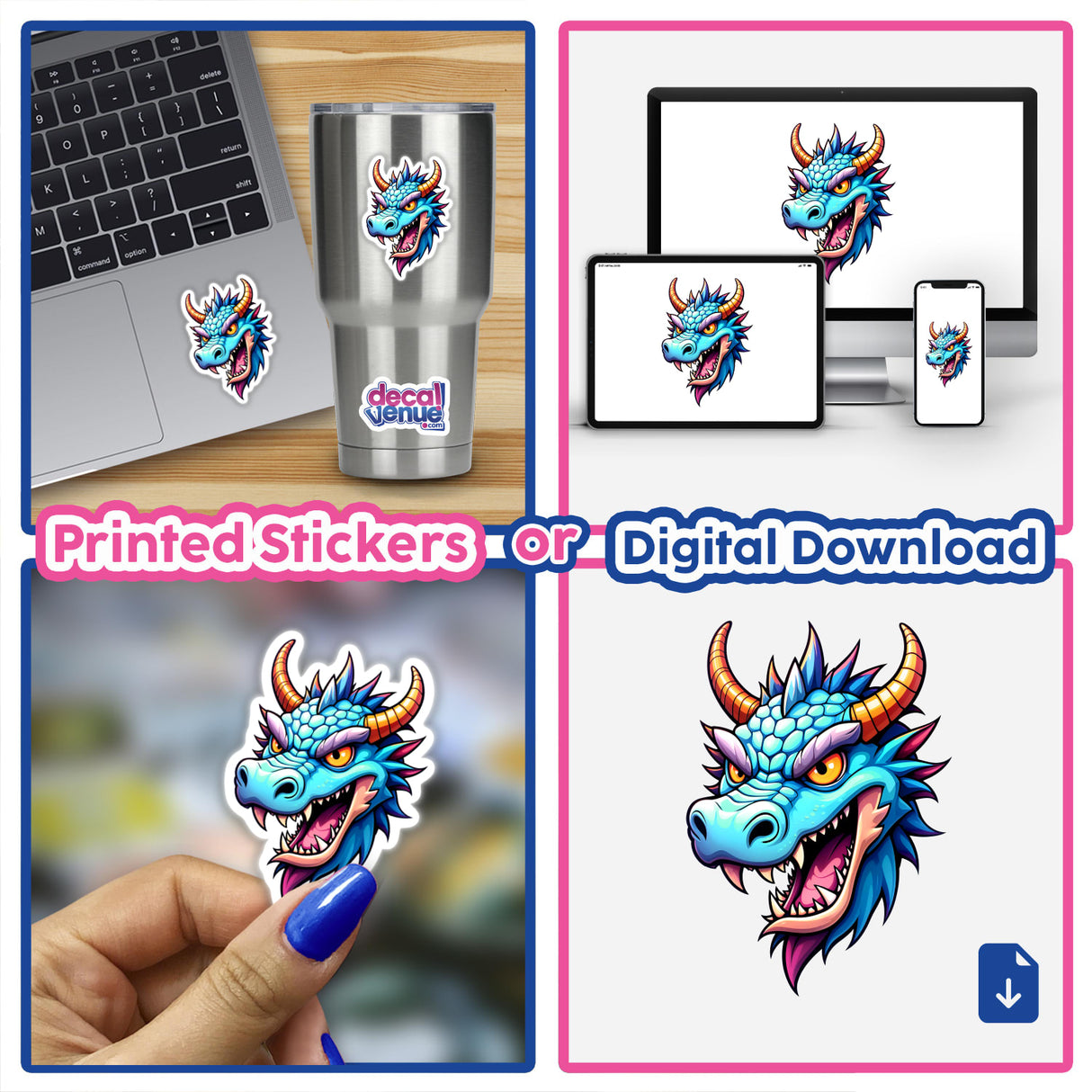 A collage showcasing A Cool Fantasy Dragon vinyl sticker on a laptop, featuring a blue dragon with horns, emphasizing Decal Venue's unique sticker and digital art collection.