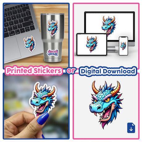 A collage showcasing A Cool Fantasy Dragon vinyl sticker on a laptop, featuring a blue dragon with horns, emphasizing Decal Venue's unique sticker and digital art collection.