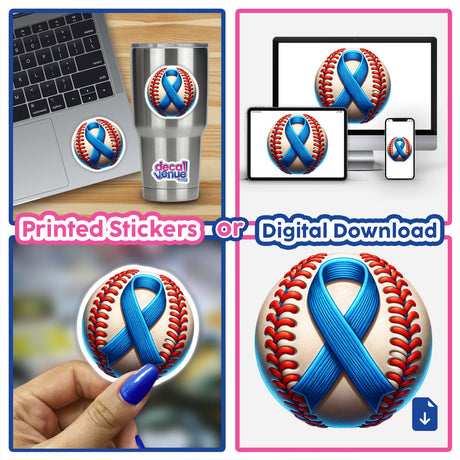 Collage featuring Baseball Blue Awareness Ribbon as stickers or digital artwork, showcasing a baseball adorned with a prominent blue ribbon in various close-up views.