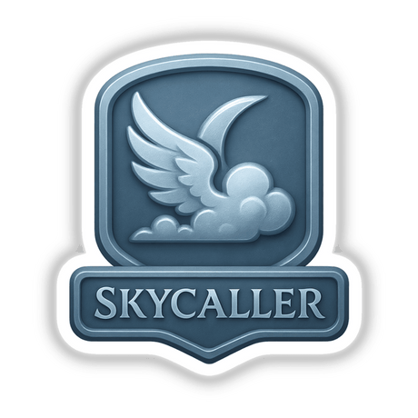 Skycaller RPG-Style Skill Badge featuring a silver-blue cloud with wing crest, available as stickers or digital artwork, ideal for showcasing unique gaming achievements.
