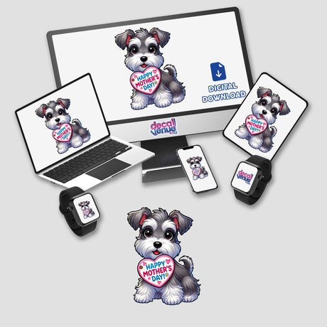Mother’s Day Schnauzer sticker featuring a cute pup holding a heart sign with a love message, displayed on various digital screens, embodying Decal Venue's unique vinyl sticker and digital art offerings.