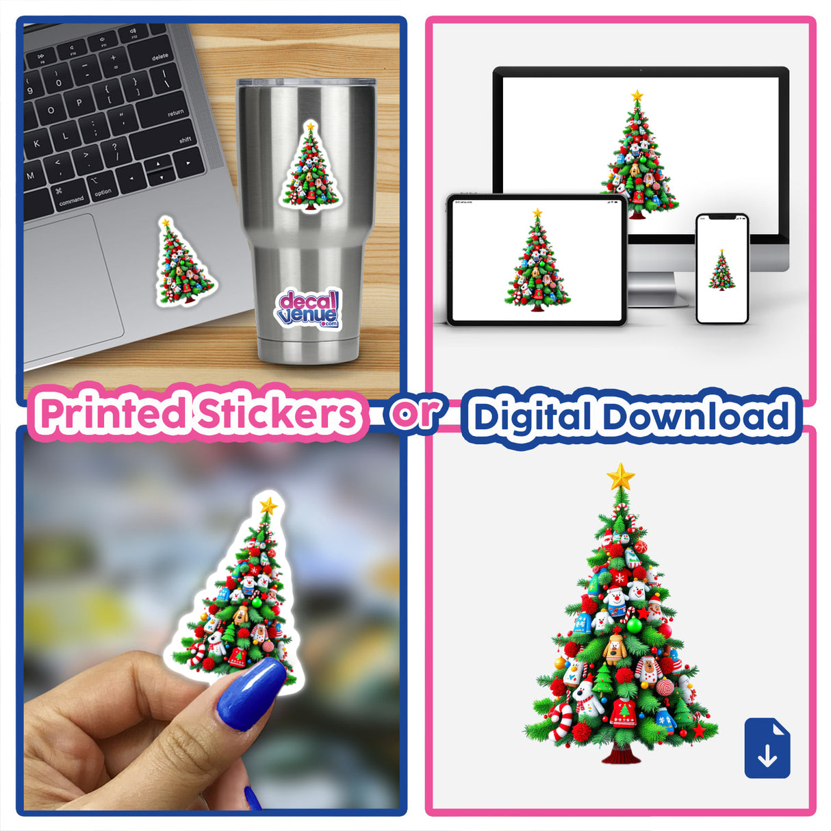Collage of images featuring the Ugly Christmas Sweater Style Tree as stickers and digital artwork, including close-ups on laptops and fingernails, showcasing festive ornamentation.
