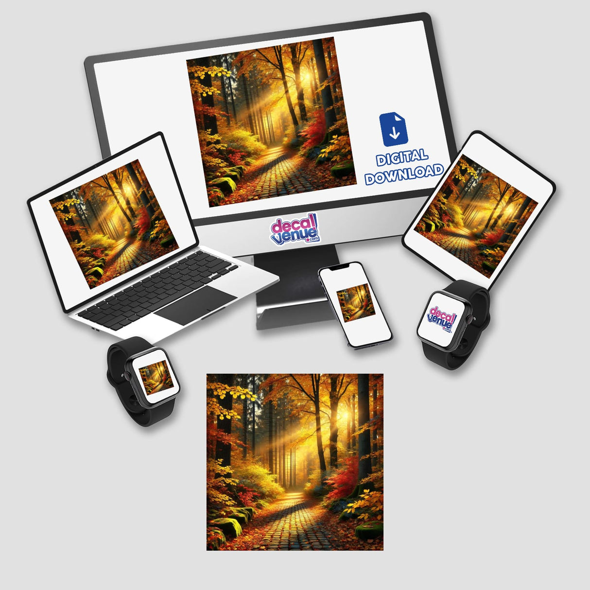 Golden Leaves - A Forest Path Covered in Autumn Foliage displayed on a laptop screen, surrounded by a computer monitor, tablet, smartwatch, and smartphone, highlighting its availability as stickers or digital artwork.