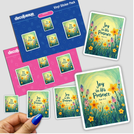 Fauvist Spring Primrose “Joy in His Presence” Psalm 16:11 Sticker or Clipart, depicting vibrant hand-painted flowers, perfect for creating unique projects with commercial rights.