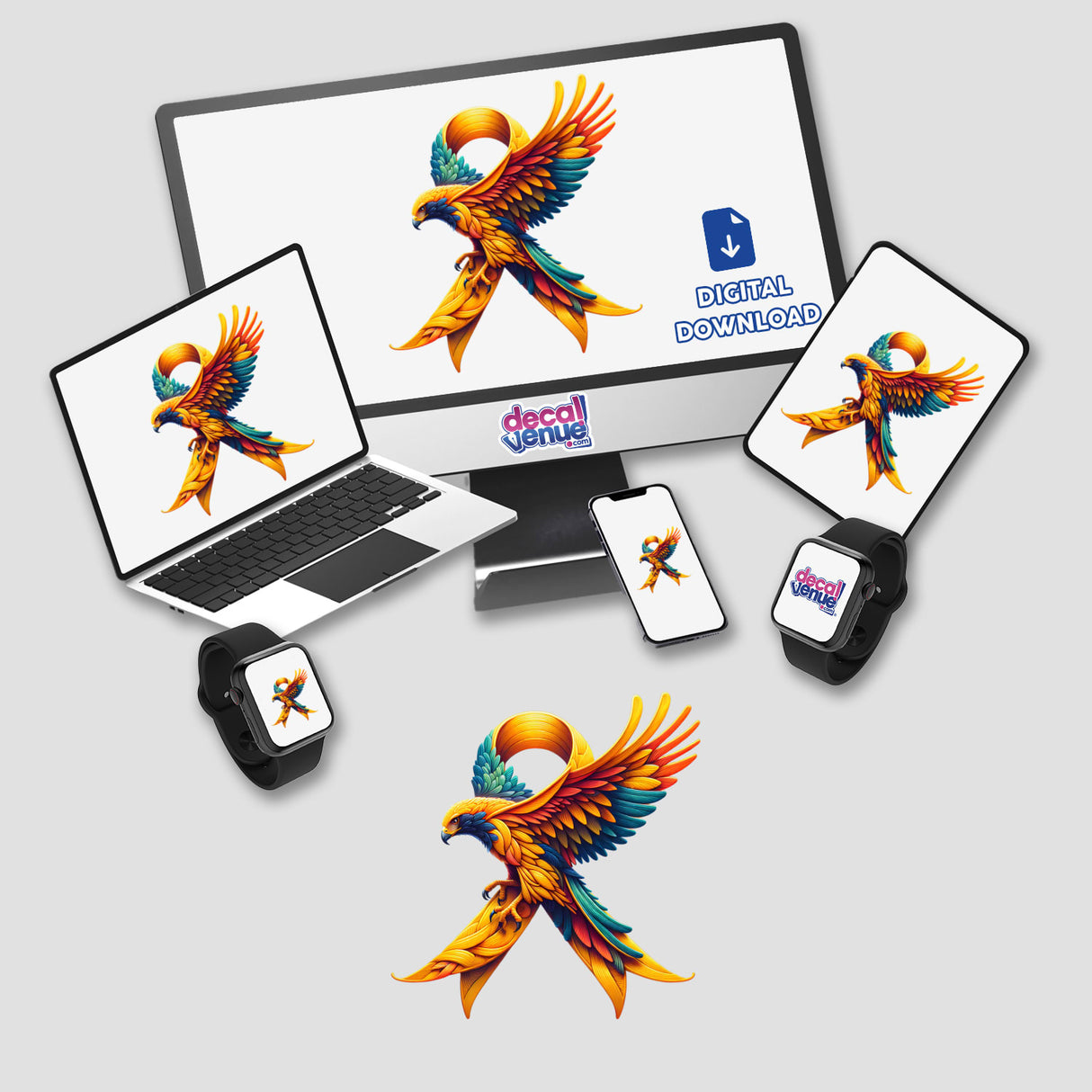 Hawk Gold Ribbon Childhood Cancer Awareness design displayed on a monitor and laptop screen, featuring a colorful bird, available as stickers or digital artwork from Decal Venue.