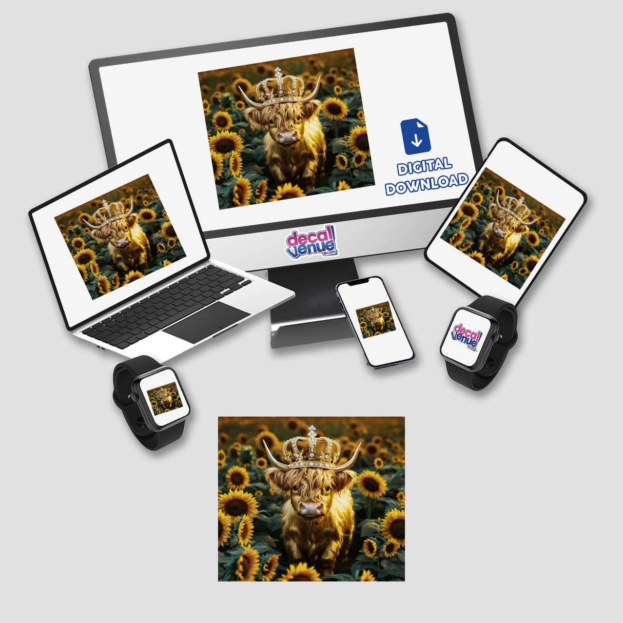 Golden Highland Cow Crown Sunflowers