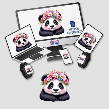 Sweet Panda Wearing a Flower Crown displayed on computer monitor and laptop, showcasing adorable digital art perfect for stickers or digital use from Decal Venue's unique collection.