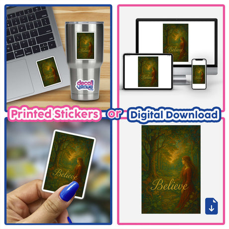 Believe Pre-Raphaelite Fluid Art Sticker or Clipart features a motivational nature design, perfect as a sticker or digital artwork. Ideal for adding unique, artistic flair to any project.