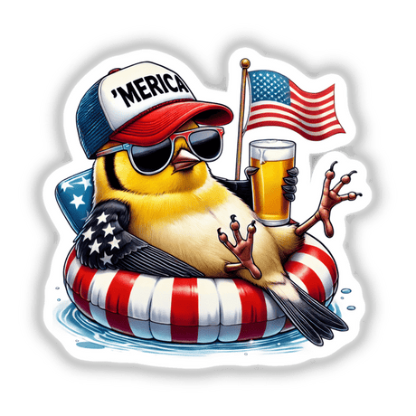 Cartoon Goldfinch Bird wearing sunglasses and a hat, holding a drink and an American flag, lying on a float. Available as stickers or digital artwork.