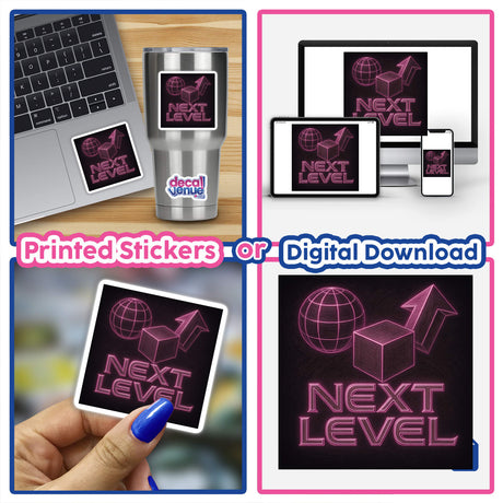 Next Level Y2K Etching Sticker or Clipart features motivational futuristic art, showcasing intricate design elements available as both stickers and digital artwork, emphasizing commercial rights use.