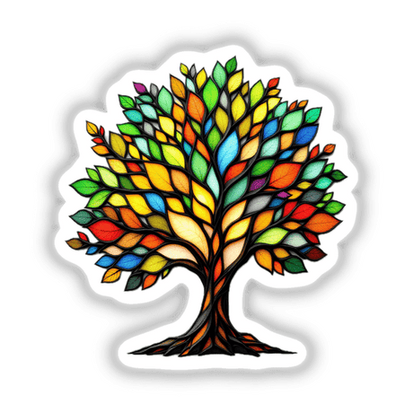 Tree Stained Glass Style design featuring a vibrant, leaf-filled tree, available as stickers or digital artwork. Perfect for adding colorful, artistic flair to any space.