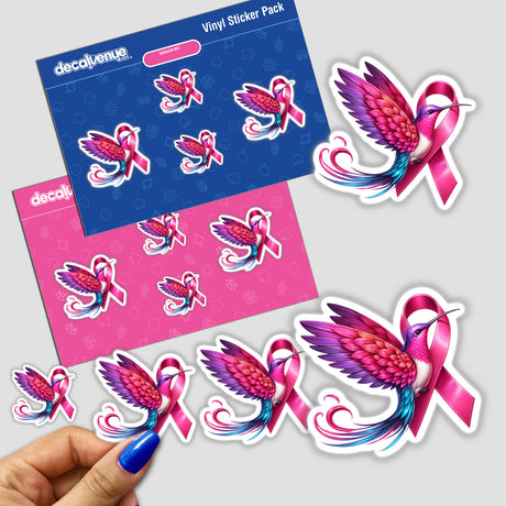 Hummingbird Pink Ribbon Breast Cancer Awareness sticker featuring pink and blue birds intertwined with ribbons, available as unique vinyl stickers or digital artwork from Decal Venue.