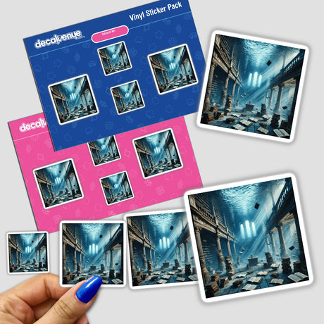 Hand holding a sticker pack featuring the digital artwork Underwater Library - Submerged Books in a Flooded Room by DecalVenue, showcasing floating books in an enchanting underwater scene.