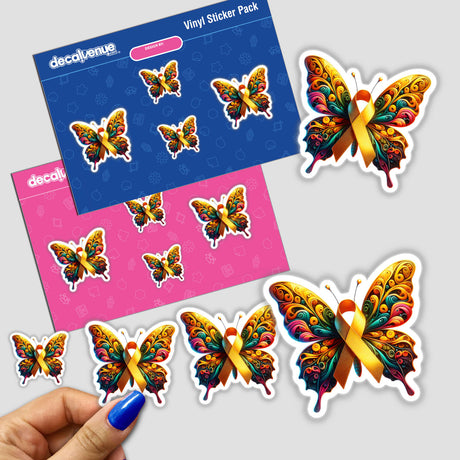 Butterfly Yellow Awareness Ribbon sticker, featuring a hand holding one sticker. This unique vinyl sticker is part of a butterfly-themed pack, available at Decal Venue.