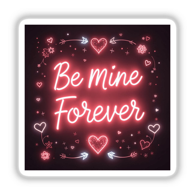 Be Mine Forever Valentine Glow Design featuring a neon sign with hearts and arrows, available as stickers or digital art from Decal Venue.
