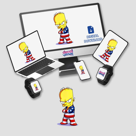 A Funny Guy With An American Flag Outfit depicted as a cartoon character on a computer monitor and laptop, available as stickers or digital artwork from Decal Venue.