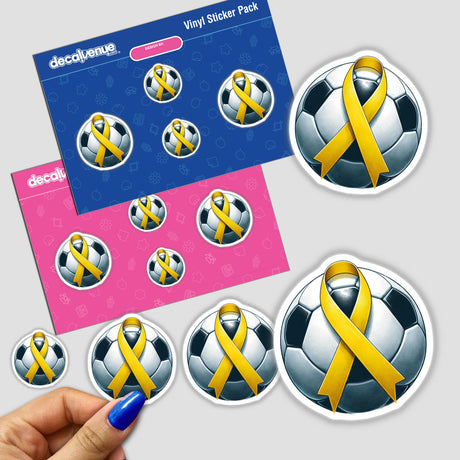 Yellow Ribbon Soccer Ball sticker featuring a prominent yellow ribbon wrapped around a football. Available as a sticker or digital artwork from Decal Venue.