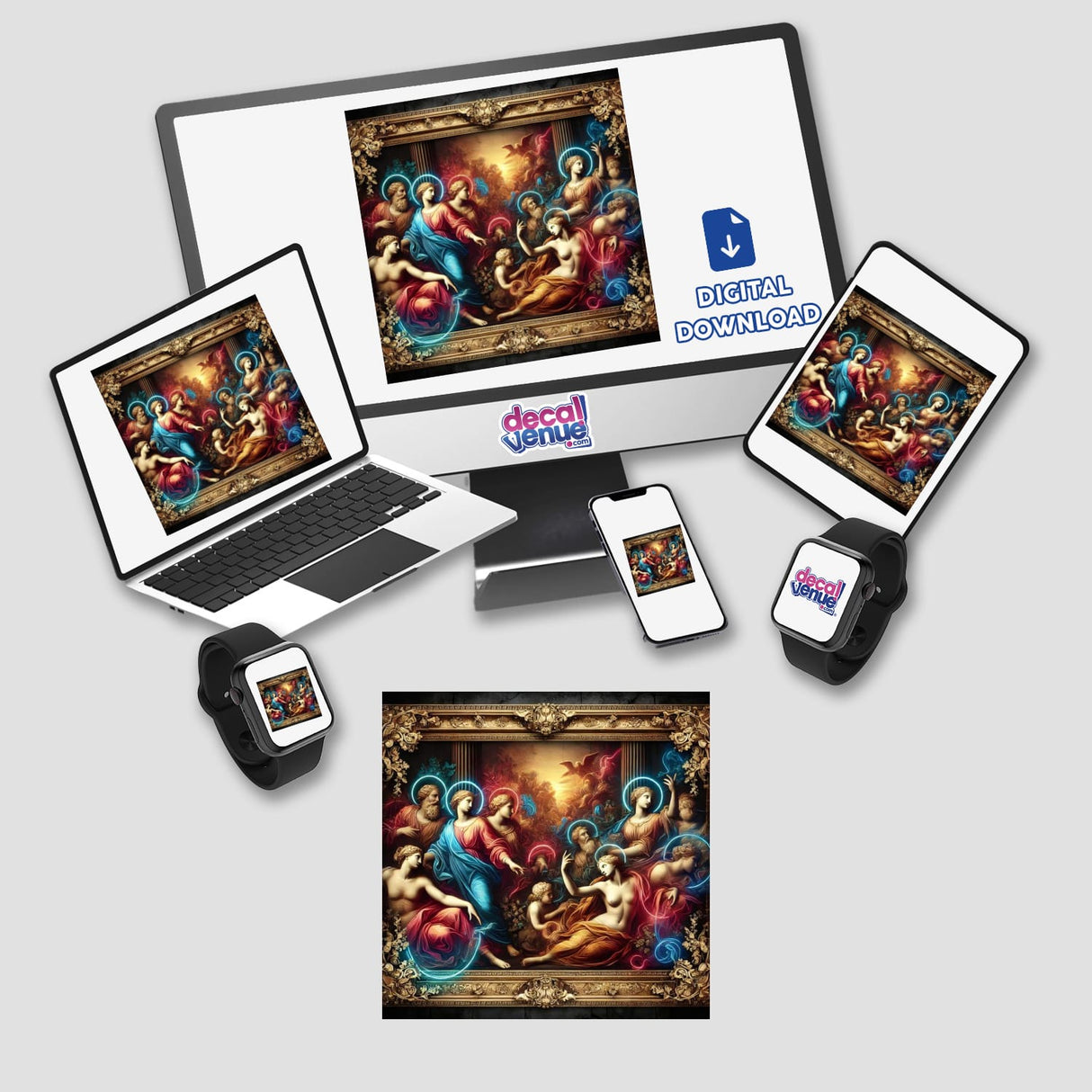 Neon Baroque - Classical Figures with Modern Neon Accents displayed on a laptop screen, showcasing a digital artwork of historical figures with vibrant neon highlights, available as stickers or digital downloads.