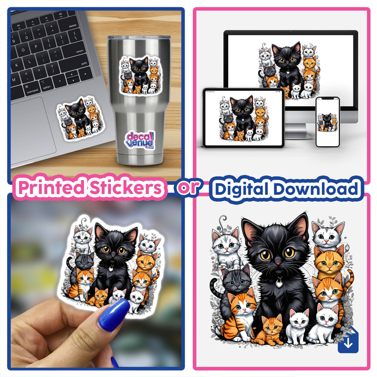 Cute cat pack portrait with floral accents - digital artwork available as printed stickers or digital download from Decal Venue online store.