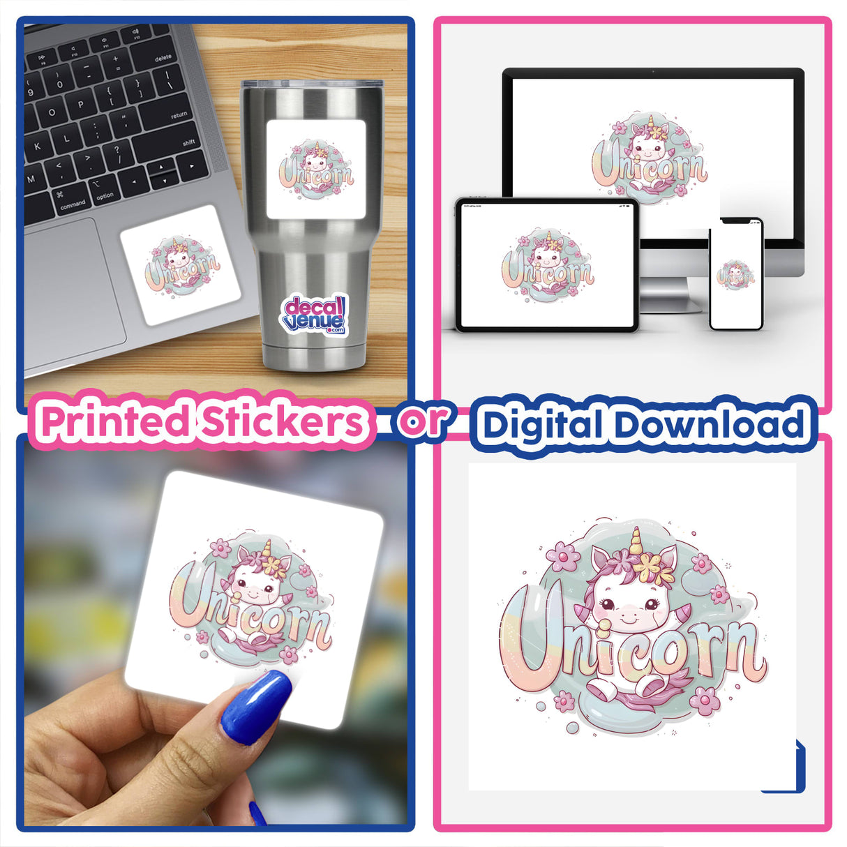 Cute unicorn digital artwork by Visual Vibes featuring a whimsical, colorful unicorn design - available as printed stickers or digital download from Decal Venue.