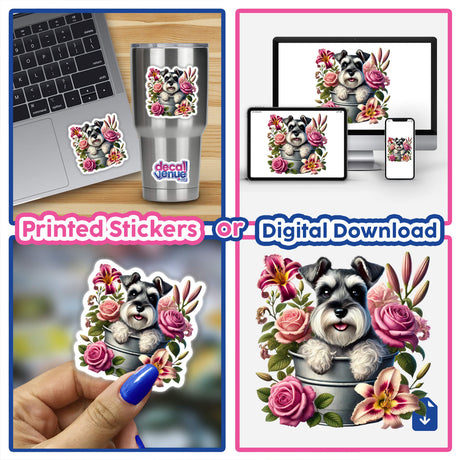 Schnauzer Dog Peeking Out of Flower Pot