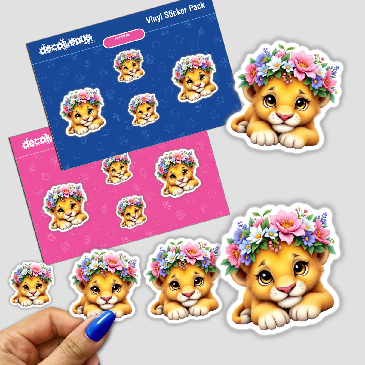 Majestic Lion Cub with a Blooming Flower Crown sticker pack featuring playful cartoon lions adorned with floral crowns, perfect for adding charm to your belongings.