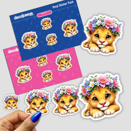 Majestic Lion Cub with a Blooming Flower Crown sticker pack featuring playful cartoon lions adorned with floral crowns, perfect for adding charm to your belongings.
