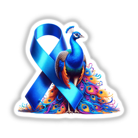 Peacock Blue Ribbon Colon Cancer Awareness sticker featuring a cartoon peacock with a vibrant neck. Available as a sticker or digital artwork.
