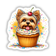 Adorable Yorkshire Terrier dog in a cupcake, colorful digital artwork featuring a cute Yorkie with a cherry on top, surrounded by splatters of paint.