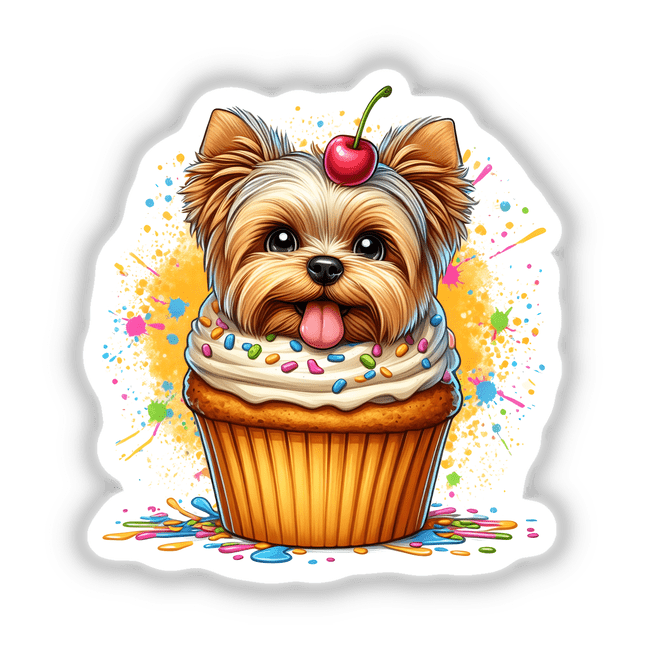 Adorable Yorkshire Terrier dog in a cupcake, colorful digital artwork featuring a cute Yorkie with a cherry on top, surrounded by splatters of paint.