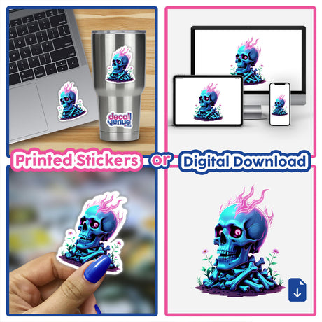 Collage of A Skull And Bones On Fire stickers featuring a blue skull with pink flames, showcased on a laptop and held by a hand, available at Decal Venue.