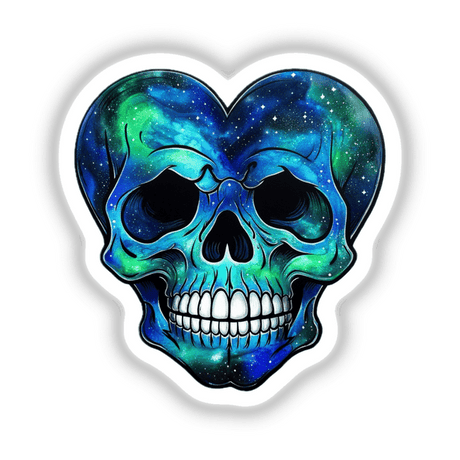 Galactic Heart Skull sticker or digital artwork featuring a skull shaped like a heart with intricate blue and green designs, available at Decal Venue for unique vinyl and digital art enthusiasts.