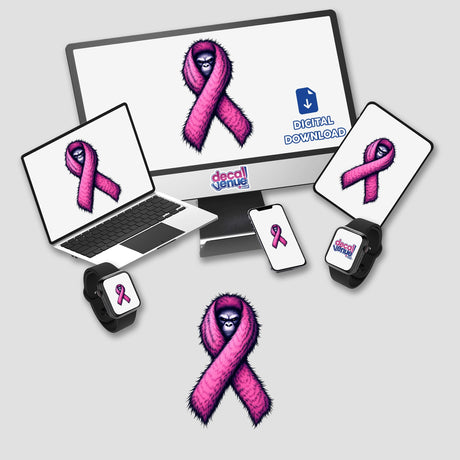 Sasquatch Face Fuzzy Pink Ribbon Breast Cancer Awareness depicted on a computer monitor and laptop screen, highlighting unique sticker or digital artwork options from Decal Venue.
