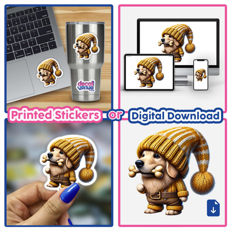 Golden Retriever Gnome with Dog Bone: A collage featuring cartoon images of a dog in a hat, holding a bone, available as stickers or digital artwork.