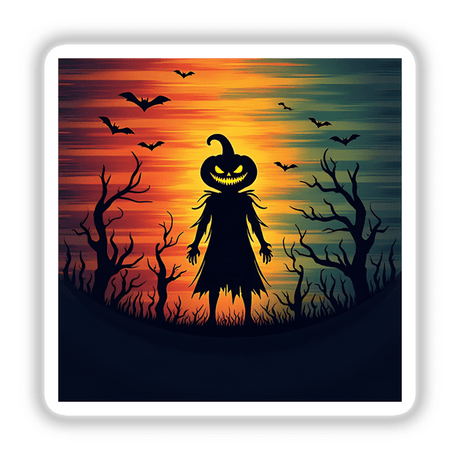 Silhouette of a person with a pumpkin head, titled Evil Pumpkin Silhouette with Bold Color Stripes Halloween, available as stickers or digital artwork from Decal Venue.
