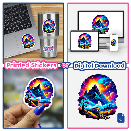 Collage featuring The Magical Ghost Train stickers and digital artwork, showcasing a train navigating through a mountain landscape, available from Decal Venue.