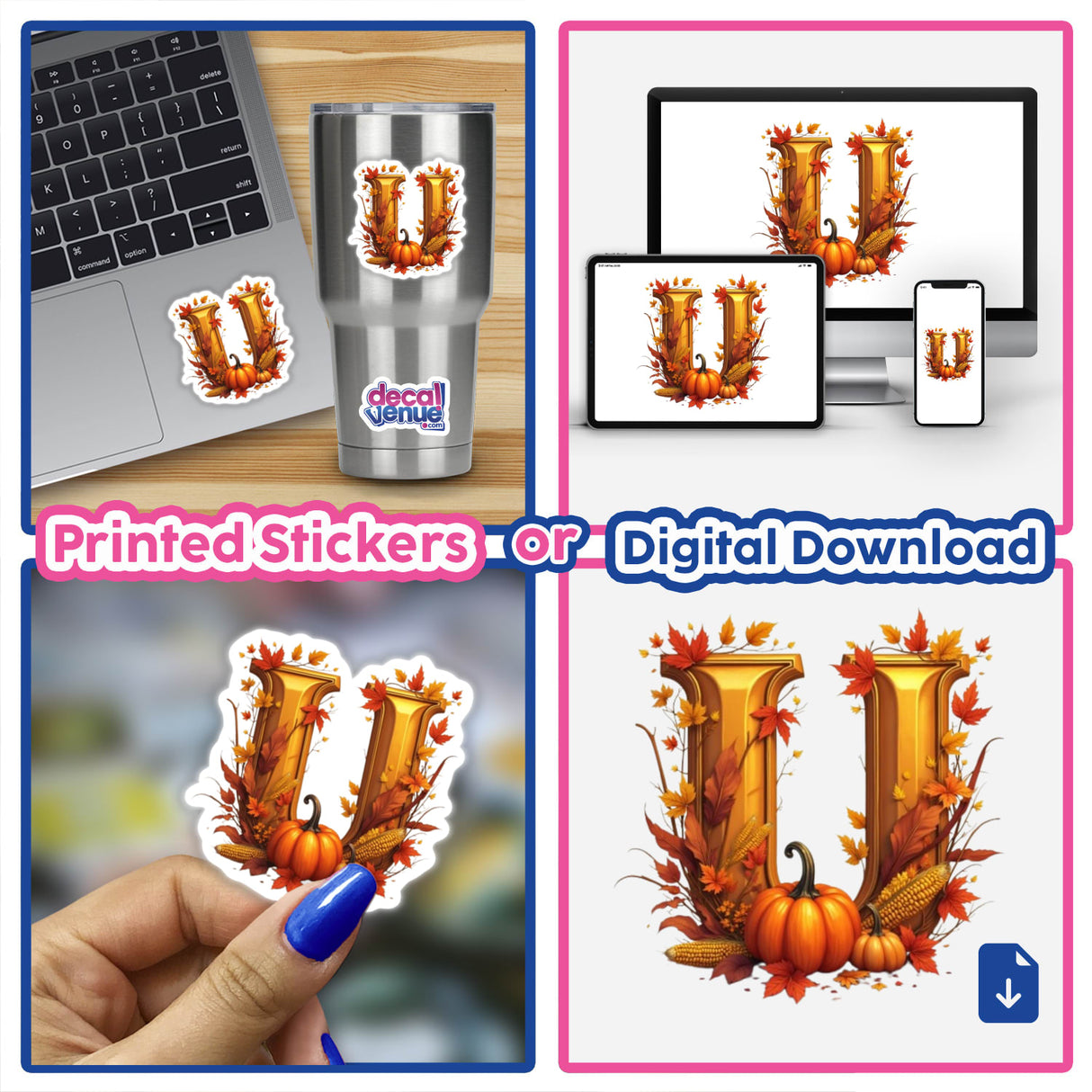 Collage showcasing Fall Aesthetic Letter U Clipart | Stickers or Download with Commercial Rights, featuring pumpkins, leaves, and various applications on laptops and phones.