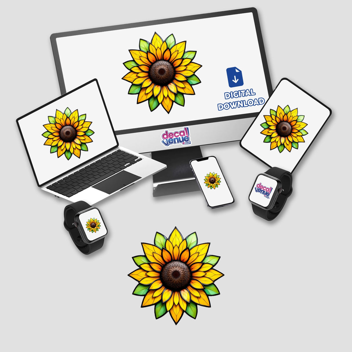 Sunflower Stained Glass Style design displayed on a computer monitor, laptop, and smartwatch, available as stickers or digital artwork.