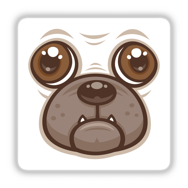 Cartoon Pug Mug Puppy Dog Face illustration, showcasing a playful cartoon dog face. Available as stickers or digital artwork, reflecting Decal Venue's unique vinyl sticker and digital art offerings.