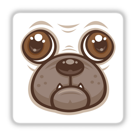Cartoon Pug Mug Puppy Dog Face illustration, showcasing a playful cartoon dog face. Available as stickers or digital artwork, reflecting Decal Venue's unique vinyl sticker and digital art offerings.