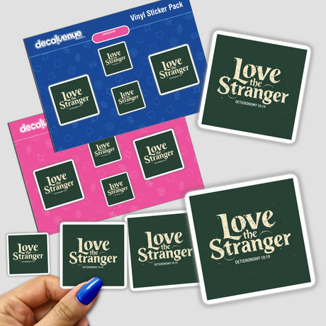 Hand holds Love the Stranger - Deuteronomy 10:19 Christian sticker pack, showcasing green squares with white text, available as stickers or digital artwork with commercial rights.