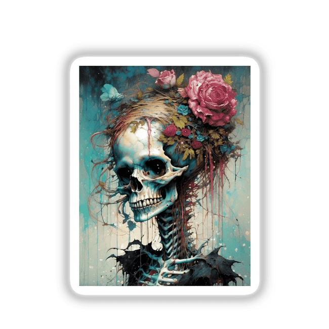 Beautiful Bones artwork featuring a skull adorned with flowers and leaves, available as stickers or digital art from Decal Venue.