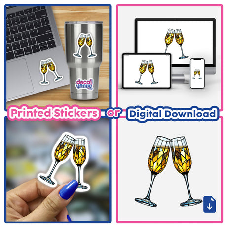 Champagne Glasses Stained Glass Art collage featuring laptops and glasses, available as stickers or digital artwork, highlighting intricate glass designs for unique decor.