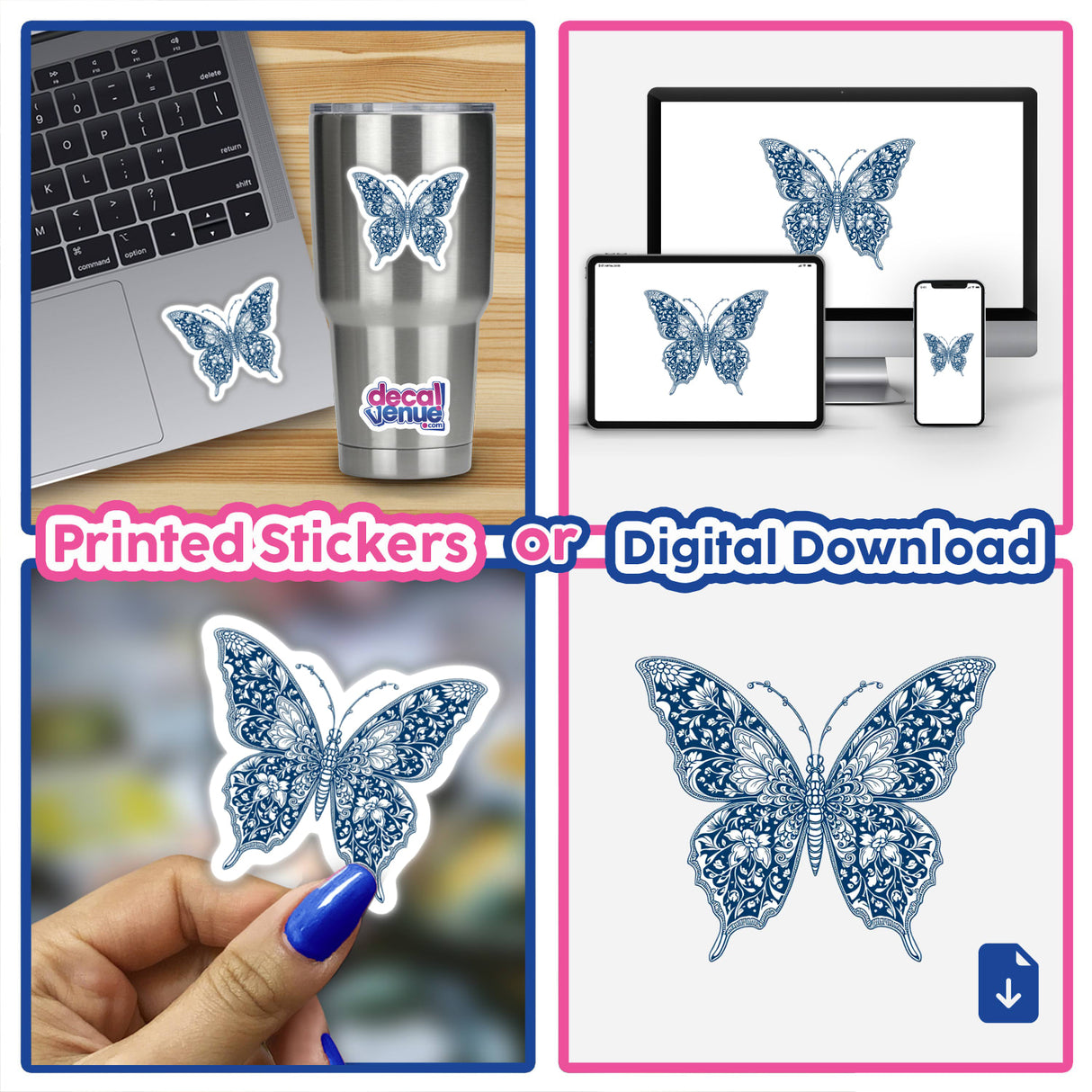 Chinoiserie Butterfly stickers adorning a laptop and a stainless steel cup, highlighting intricate butterfly designs. Available as physical stickers or digital artwork from Decal Venue.