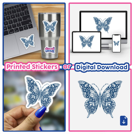 Chinoiserie Butterfly stickers adorning a laptop and a stainless steel cup, highlighting intricate butterfly designs. Available as physical stickers or digital artwork from Decal Venue.