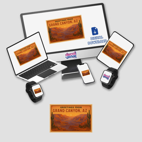 Greetings from Grand Canyon Postcard Sticker or Clipart with Commercial Rights—vintage desert art featuring iconic canyon imagery, available as unique vinyl sticker or digital artwork from Decal Venue.